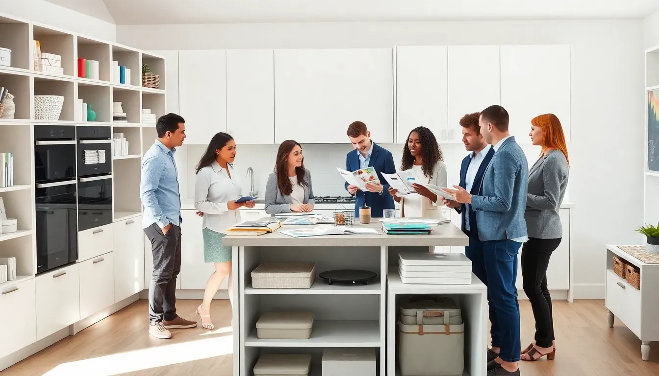 diverse team collaborating on Ikea kitchen hacks in a stylish setting.