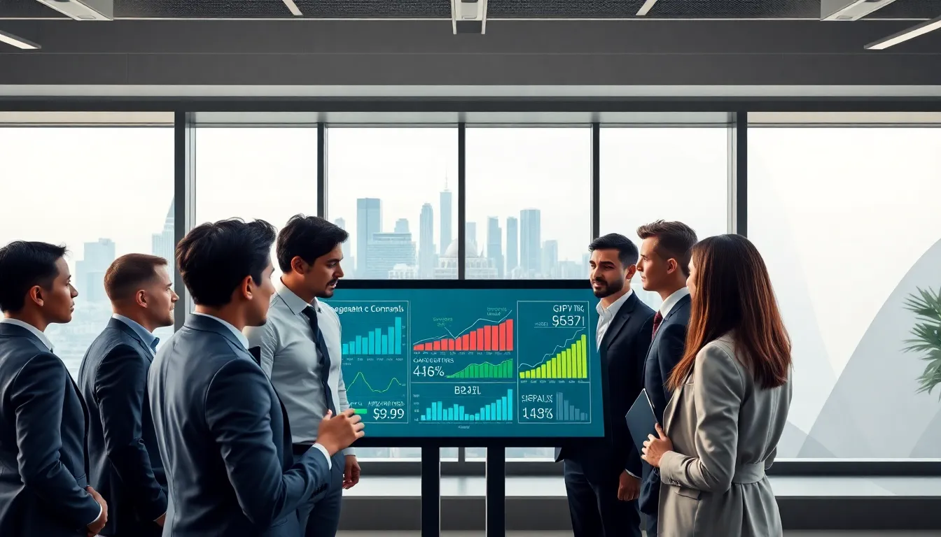 professionals analyzing Brazilian economic data in a modern office.