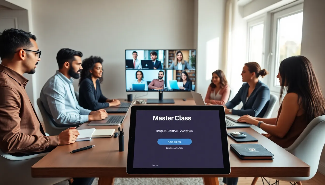 diverse professionals engaged in an online learning session.