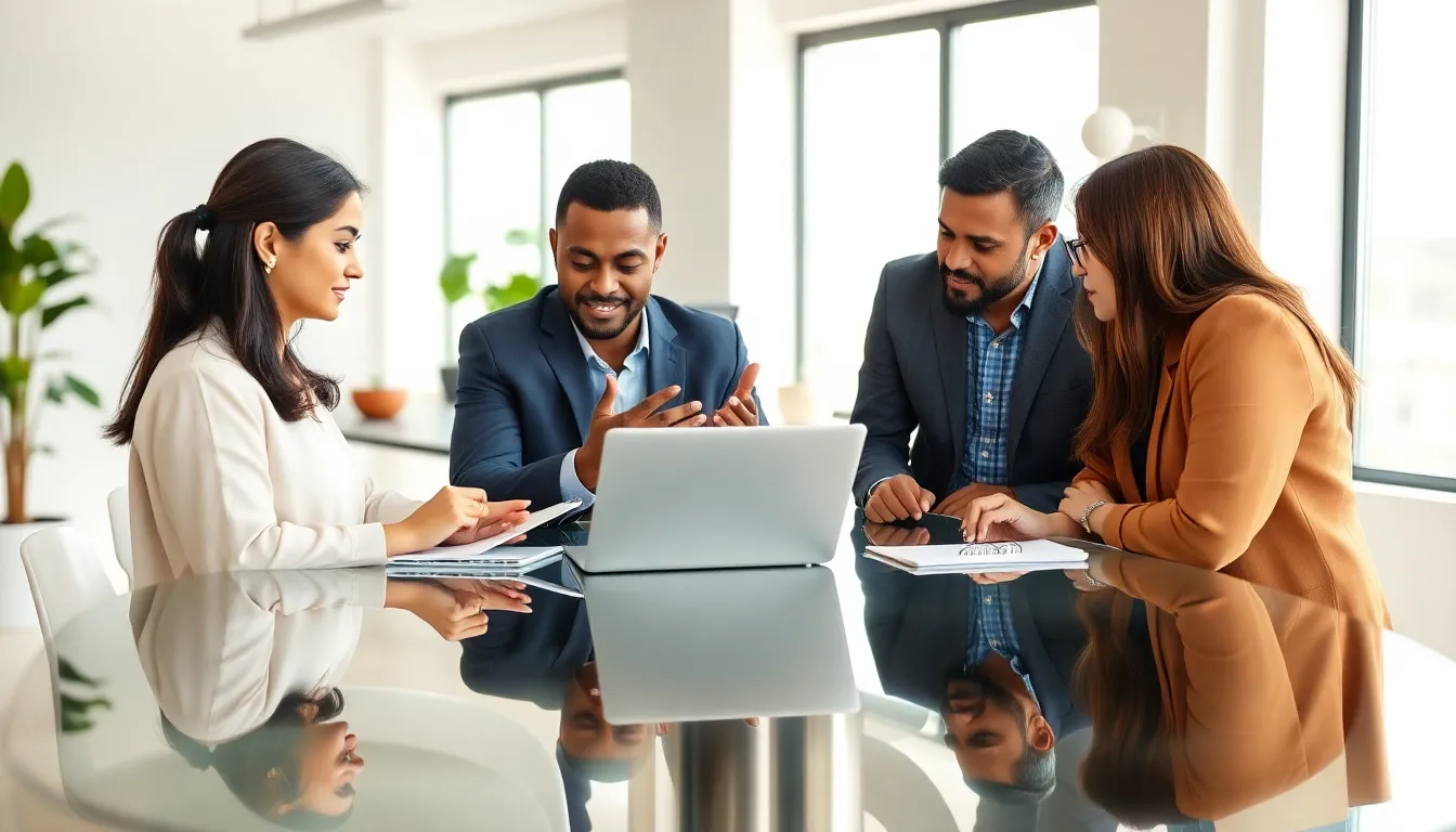 diverse professionals collaborating in a modern workspace.