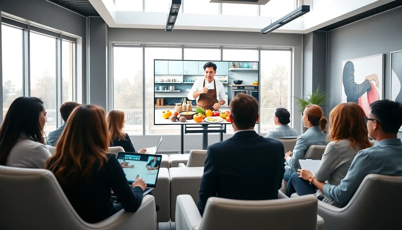 diverse professionals watching masterclass videos in a modern workspace.