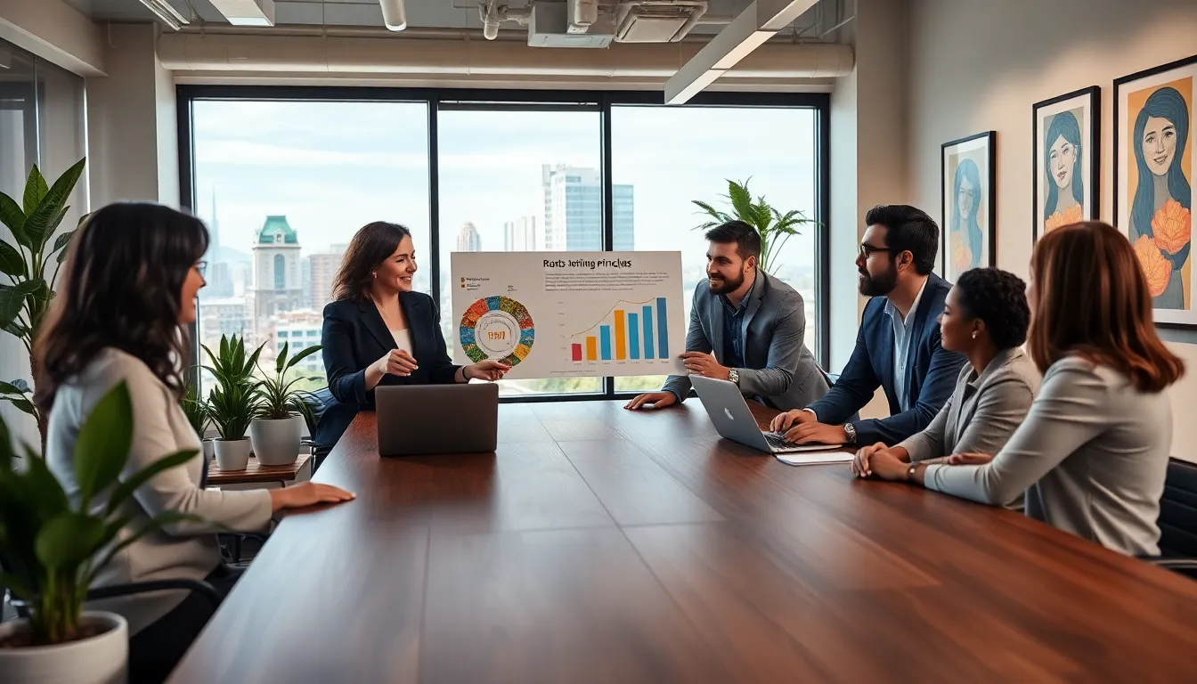 diverse professionals discussing roots investing in a modern office.