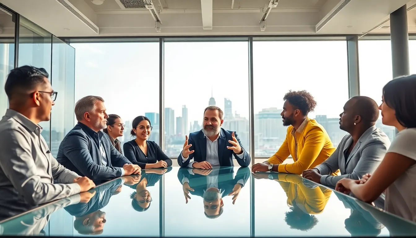 A diverse team discussing success principles in a modern office.
