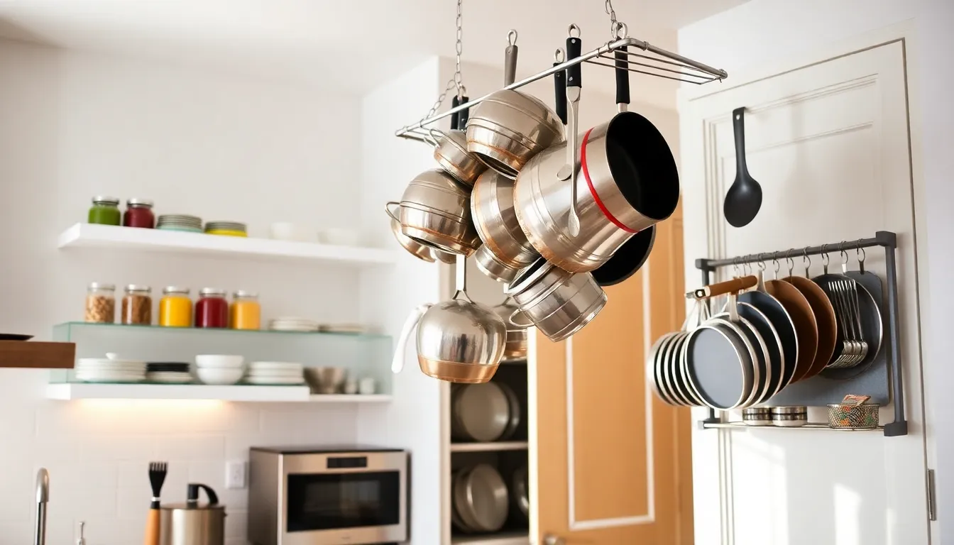 modern kitchen with vertical storage solutions and hanging pots.