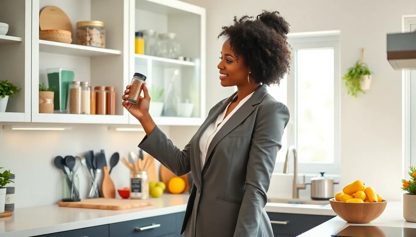 organized kitchen with DIY hacks and a woman reaching for spices.