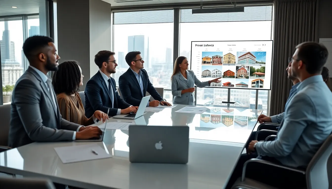 professionals discussing private real estate investing in a modern office.