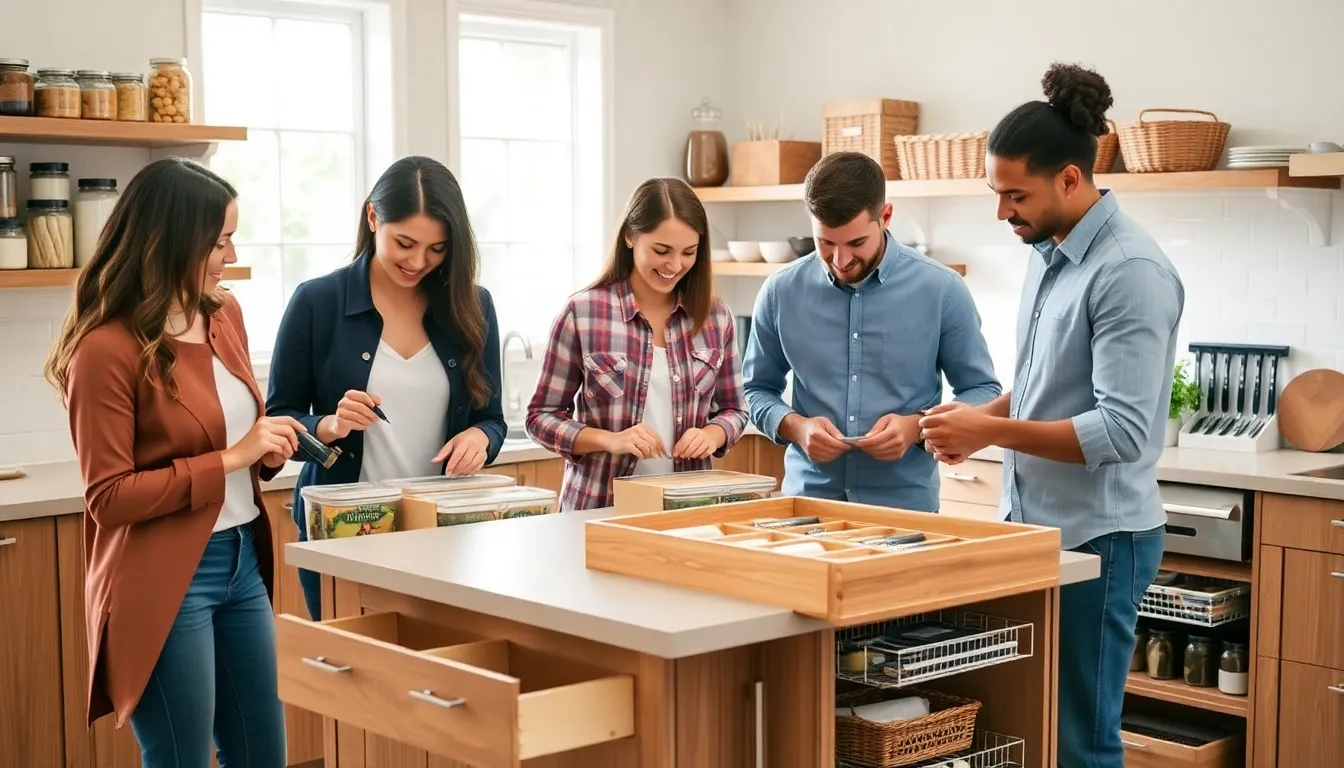 diverse group organizing DIY kitchen storage solutions in a modern kitchen.